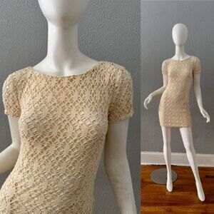 Vintage 90s Ivory Cream Crochet Lace Y2K Bodycon Mini Dress XS